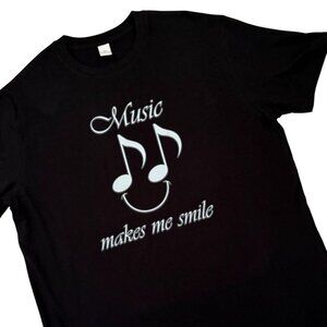 Music Makes Me Smile Graphic Tee T Shirt Size XL Black Cotton Music Lover Tee
